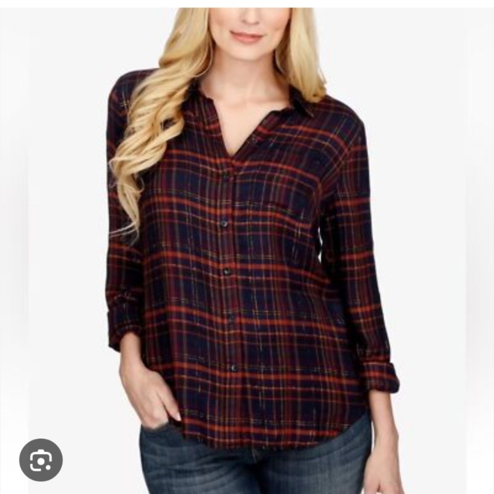 LUCKY BRAND Lightweight Flannel Shirt Navy Gold‎ Plaid Button Up